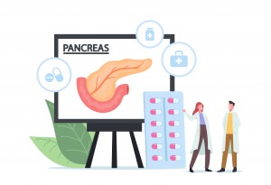 Concepto médico de tratamento da pancreatite.Pequenos personaxes doutores con bata médica branca miran en infografías de páncreas enormes
